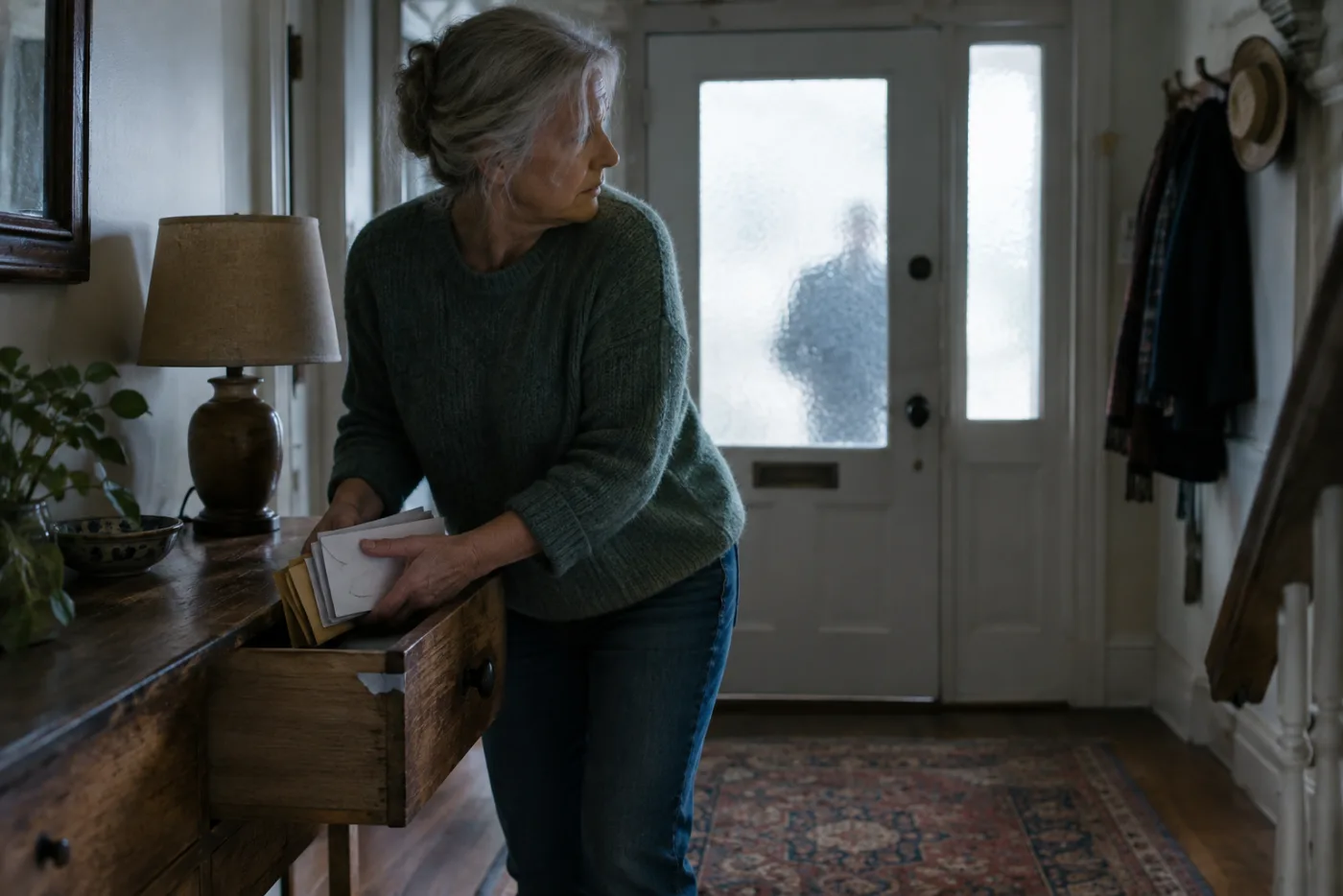 Woman quickly hiding envelopes in a drawer as footsteps approach the front door