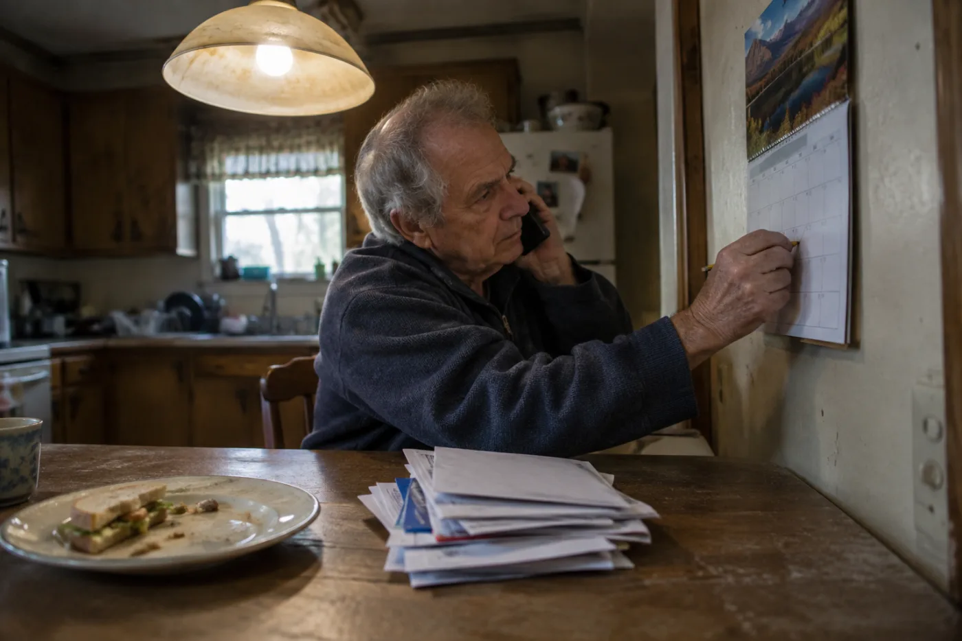 Man erasing a calendar appointment while talking on the phone in the kitchen