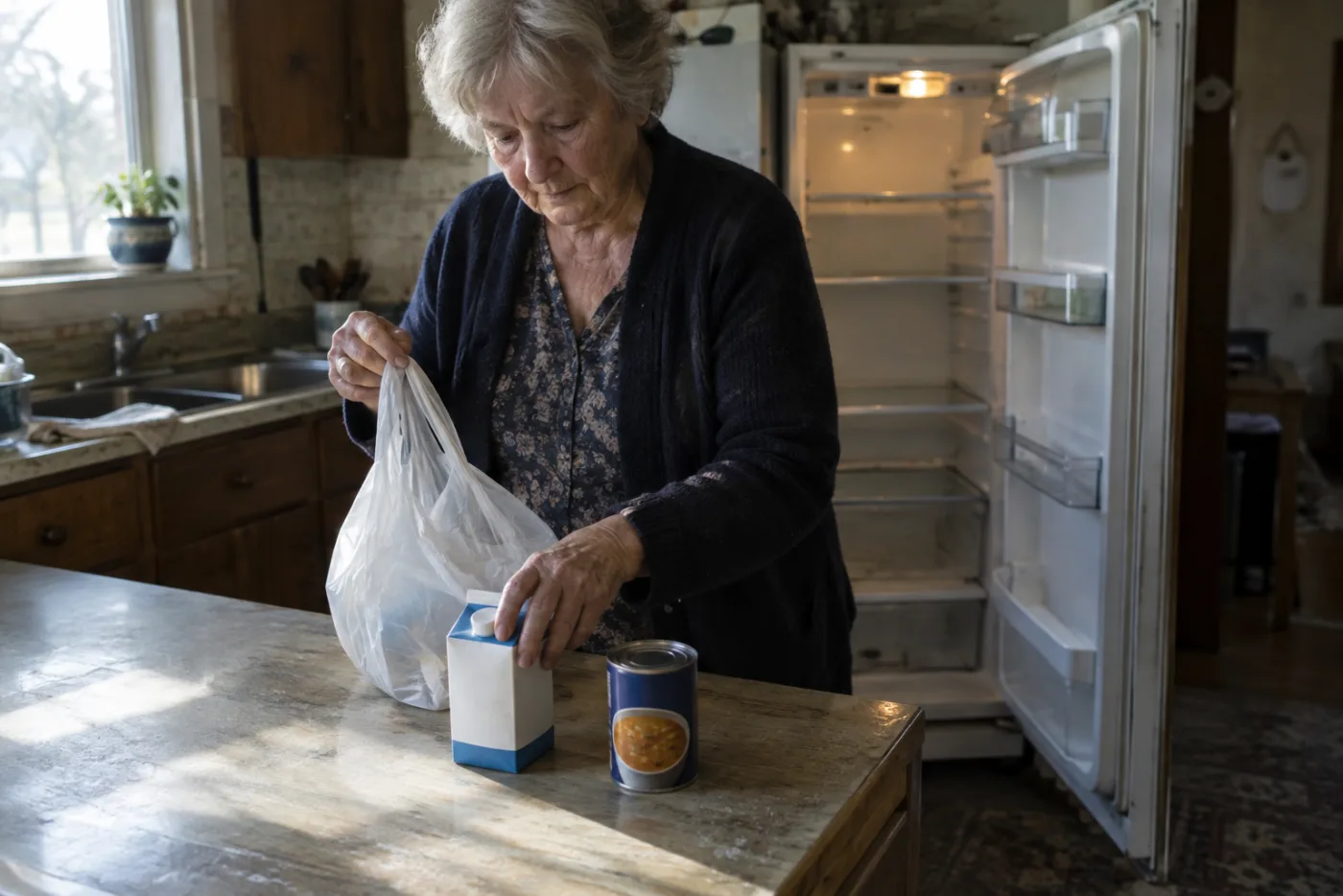 Woman unpacking a nearly empty grocery bag with the fridge door open behind her