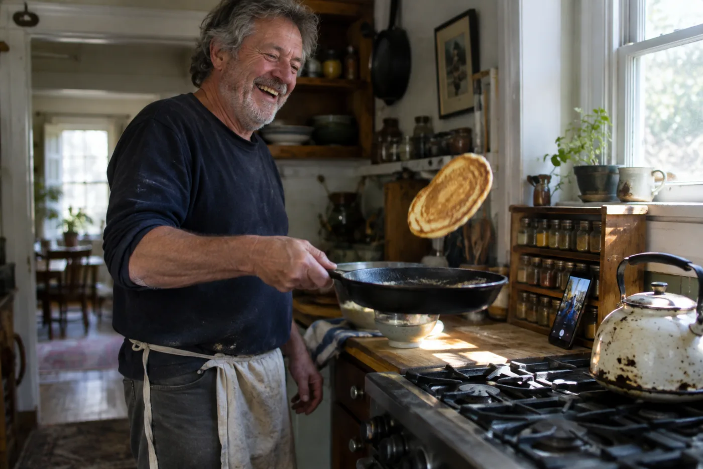 Man laughing while flipping a pancake with a phone on speaker nearby