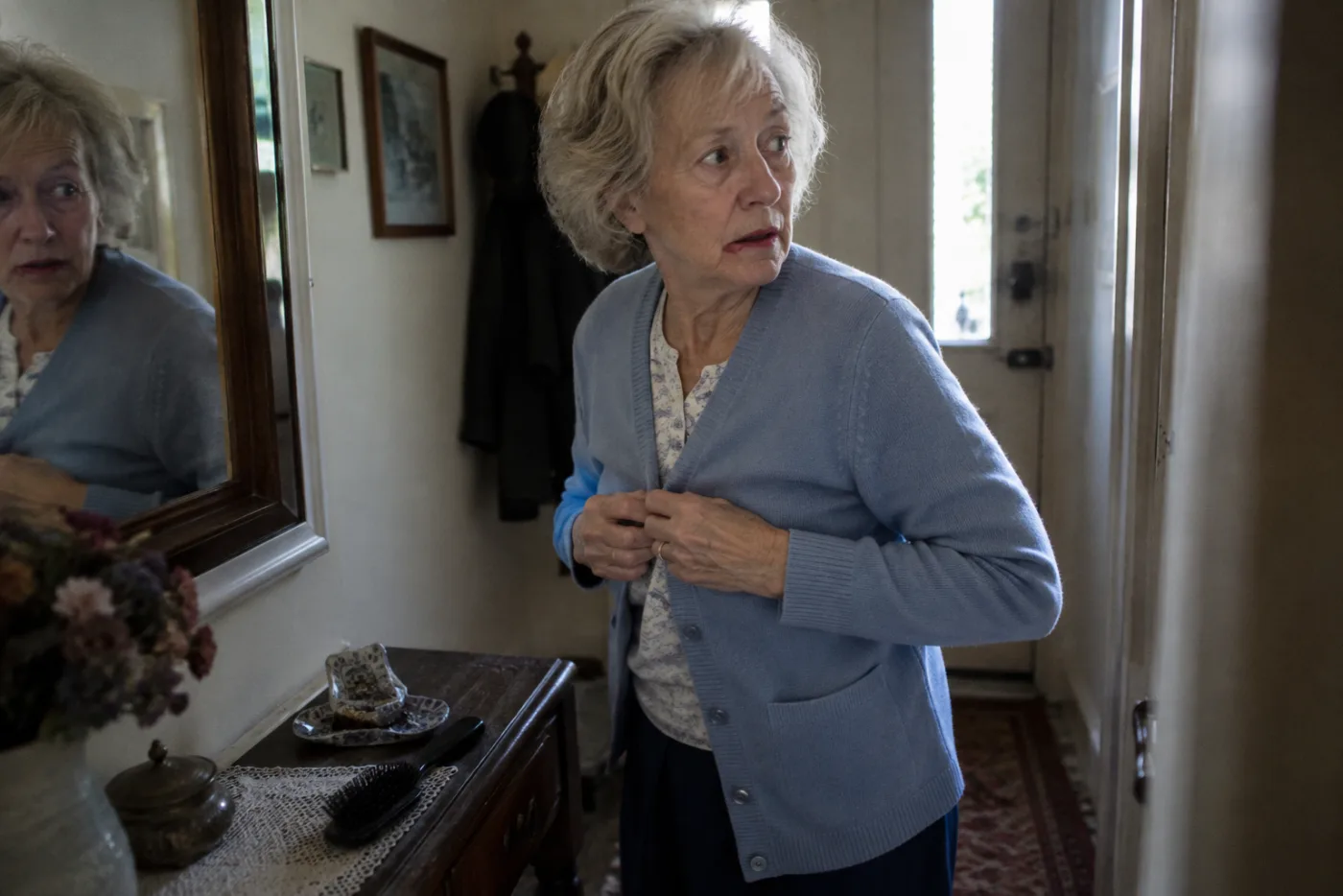 Woman hurriedly buttoning her cardigan in the mirror after hearing a knock