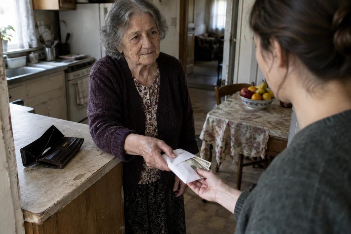 Woman handing cash to her daughter while her own wallet sits empty nearby