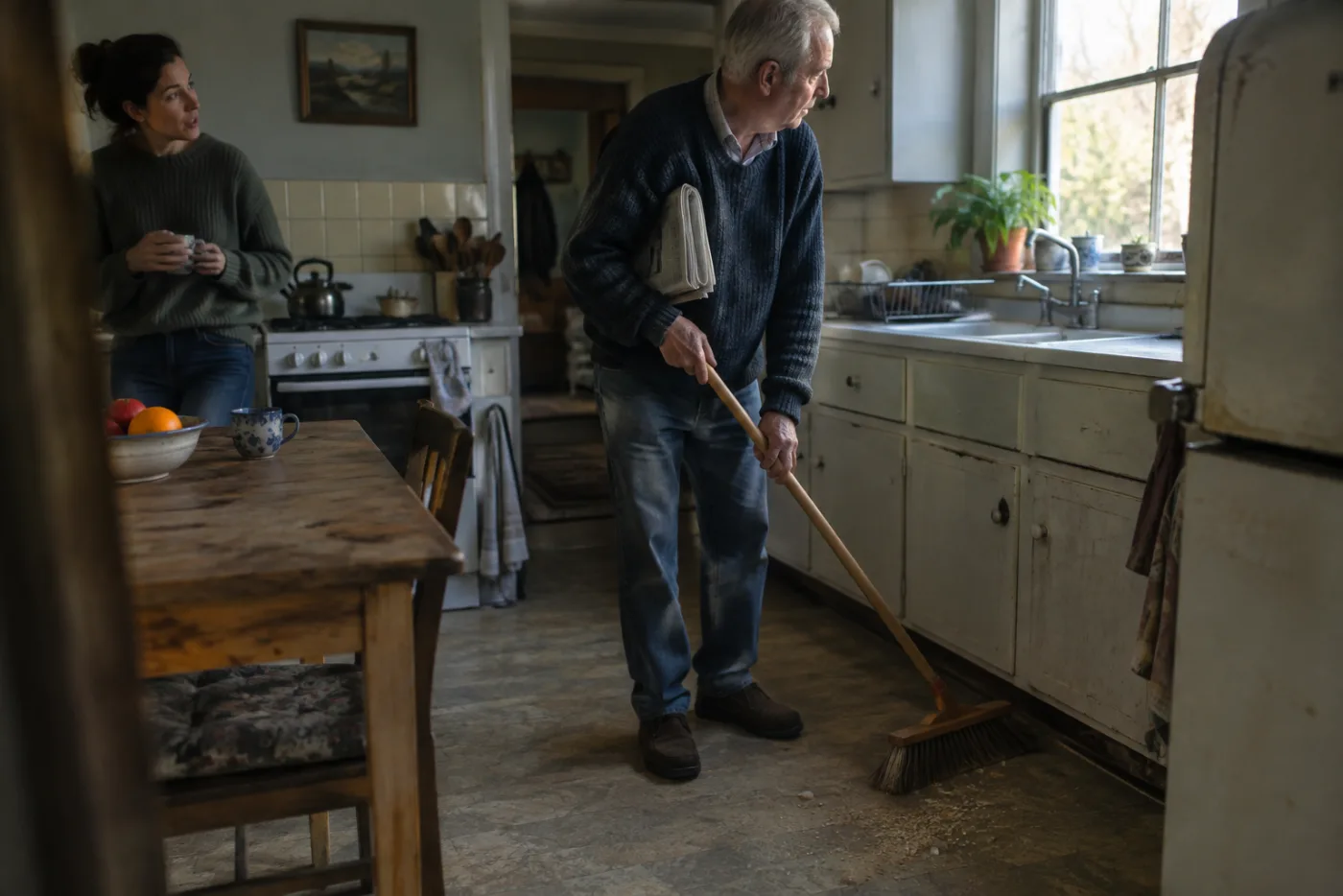 Man sweeping the floor briskly while avoiding a difficult question from his daughter