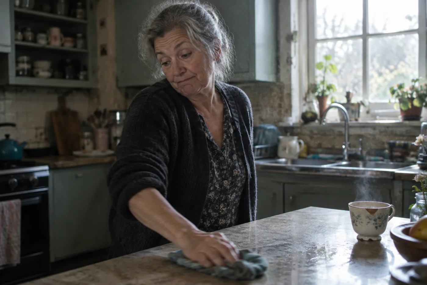 Woman wiping the counter and shrugging while avoiding a specific question