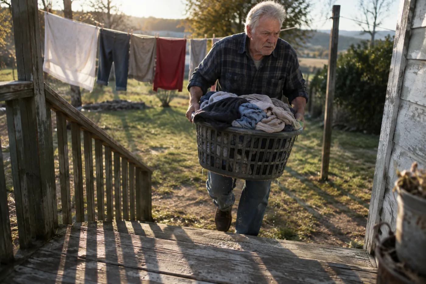 Man straining to carry a heavy laundry basket up porch steps