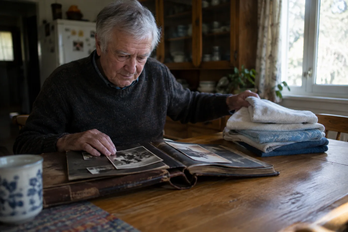Man folding towels beside an open photo album with a faded old photograph