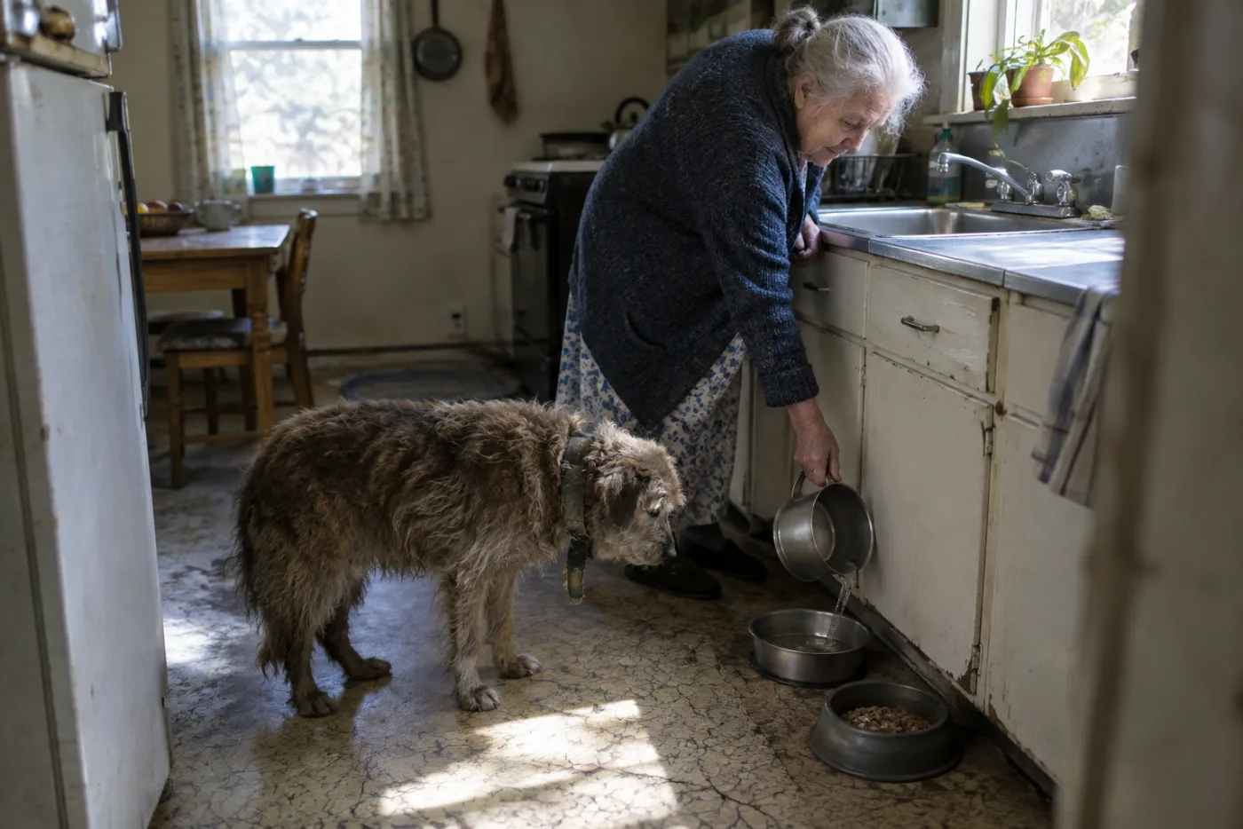 Woman refilling a water bowl for a dog with matted fur and a torn collar