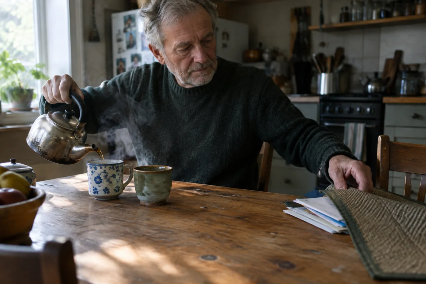 Man pouring tea while hiding letters from siblings under a placemat