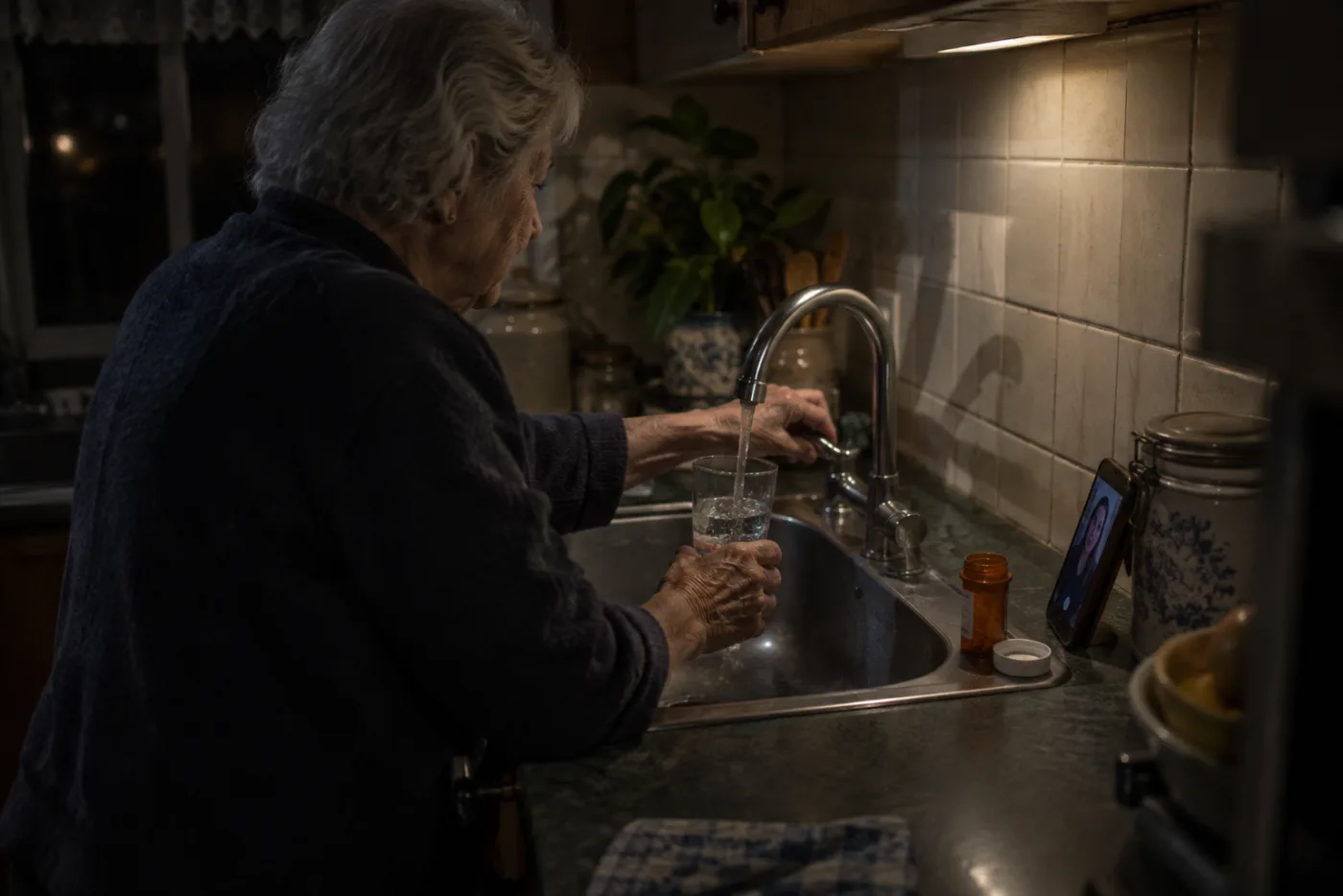 Woman pouring water late at night while on a phone call with pills nearby