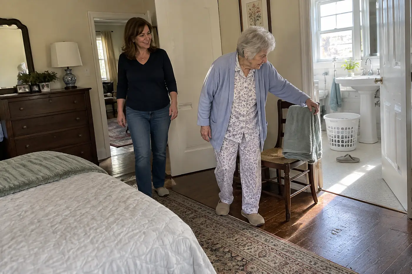 Woman helping her mother toward the bathroom sink at home.