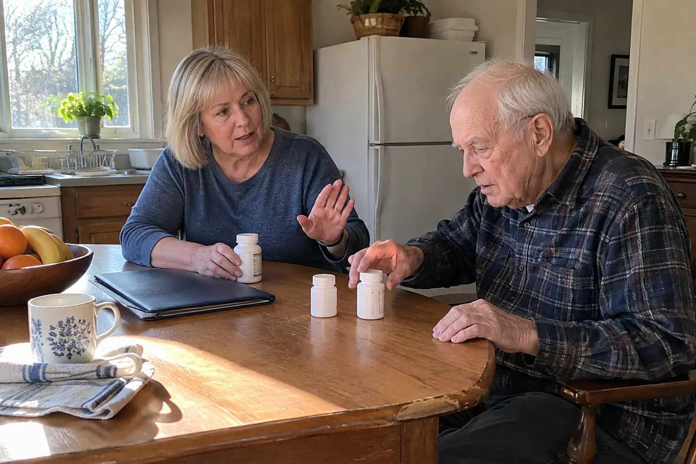 Woman comparing discharge papers with medicine bottles on her father's table.