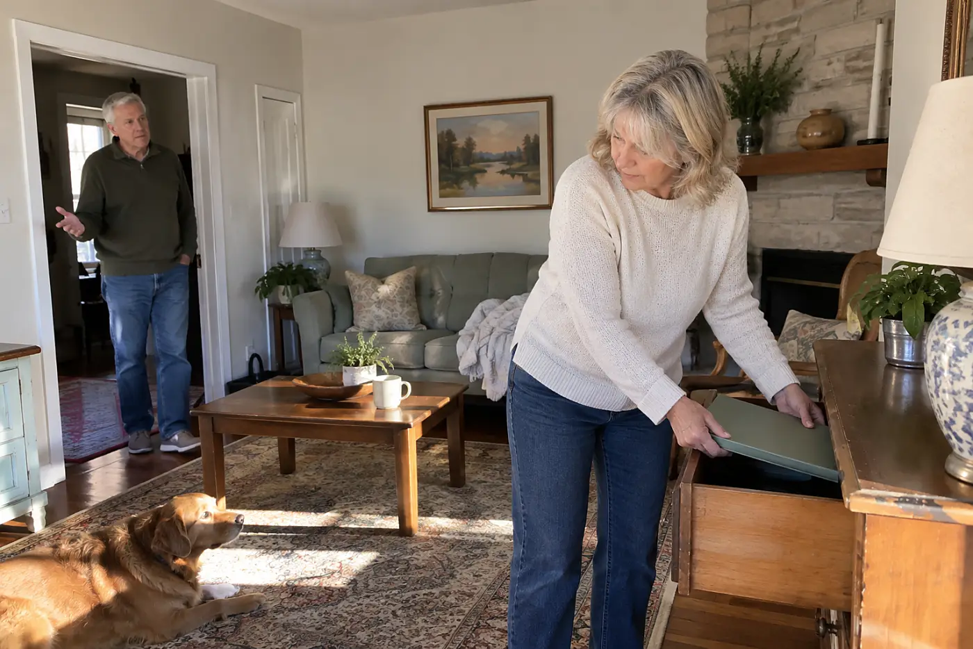 Woman taking a power of attorney document from a folder at home.