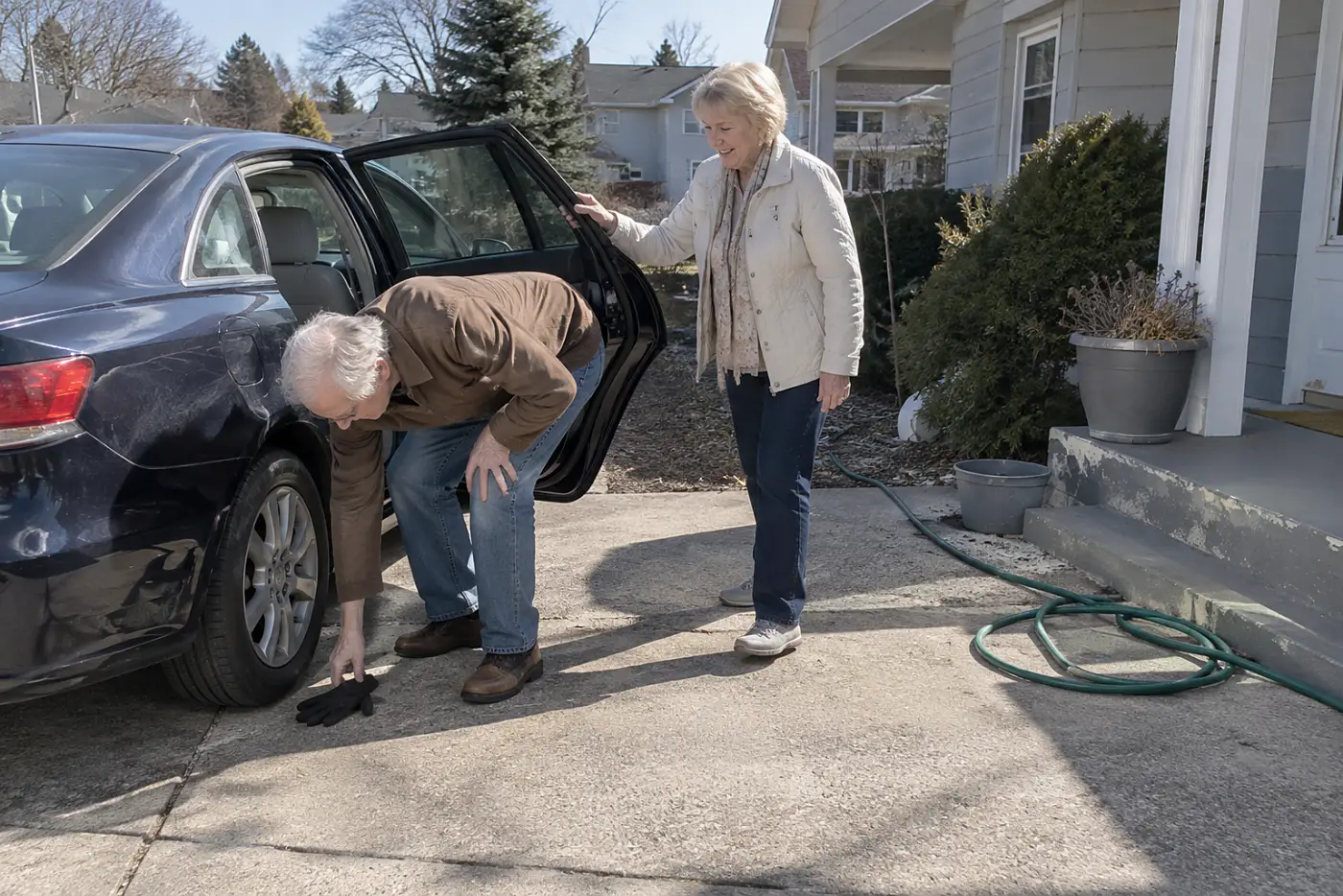 Woman helping her father into a car outside his home.