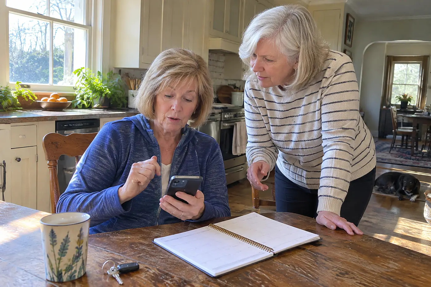 Woman entering a trip decision date on her phone beside an open calendar.