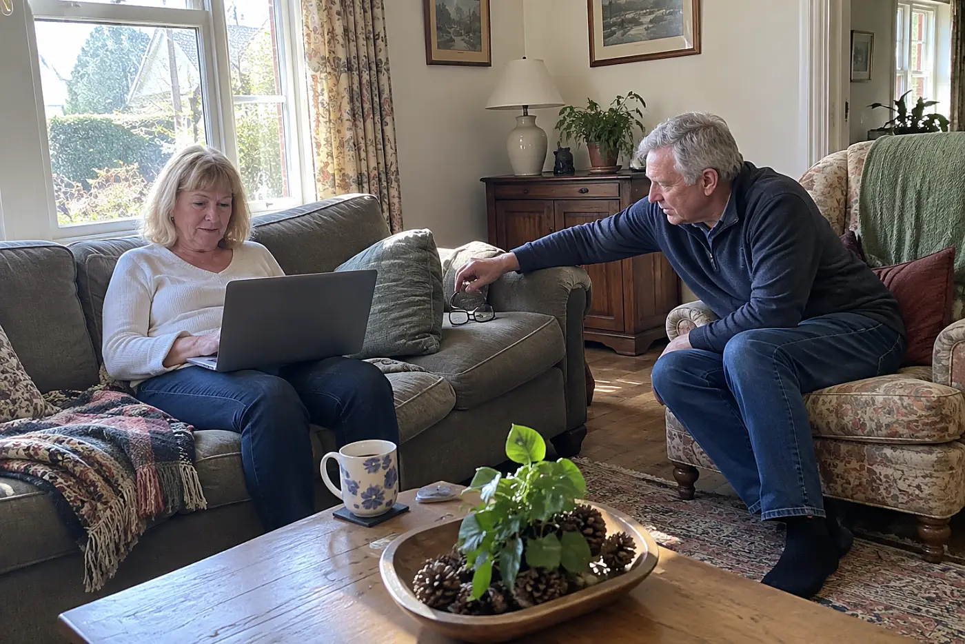 Woman checking hotel room photos on a laptop at home.