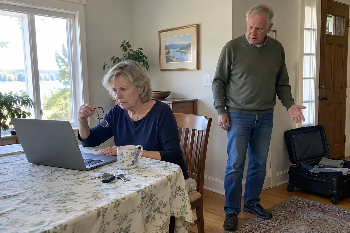 Woman reading insurance terms on a laptop at her dining room table.
