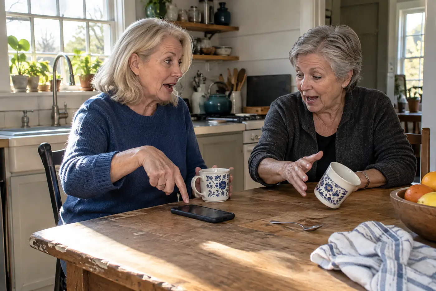 Woman sharing arrival details with a friend over coffee at her kitchen table.