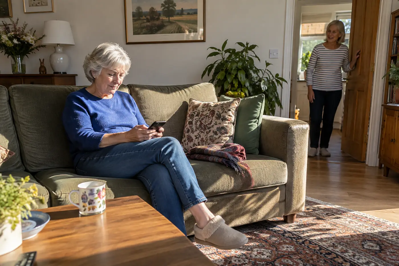 Woman saving a hotel address on her phone in her living room.