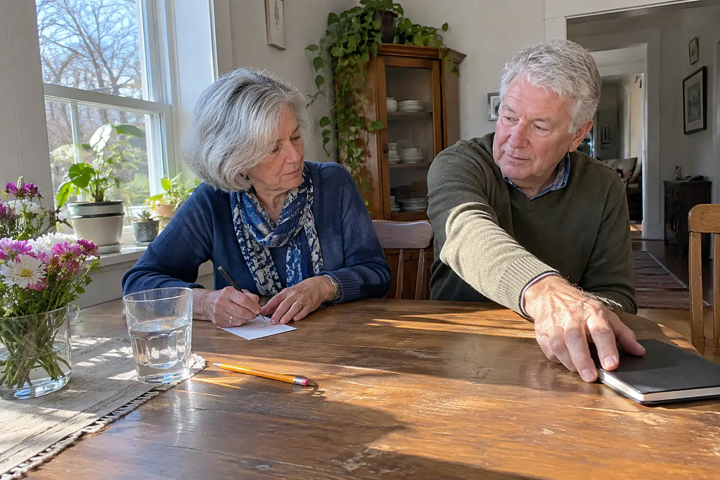 Older woman writing a travel limit on a card beside her calendar.