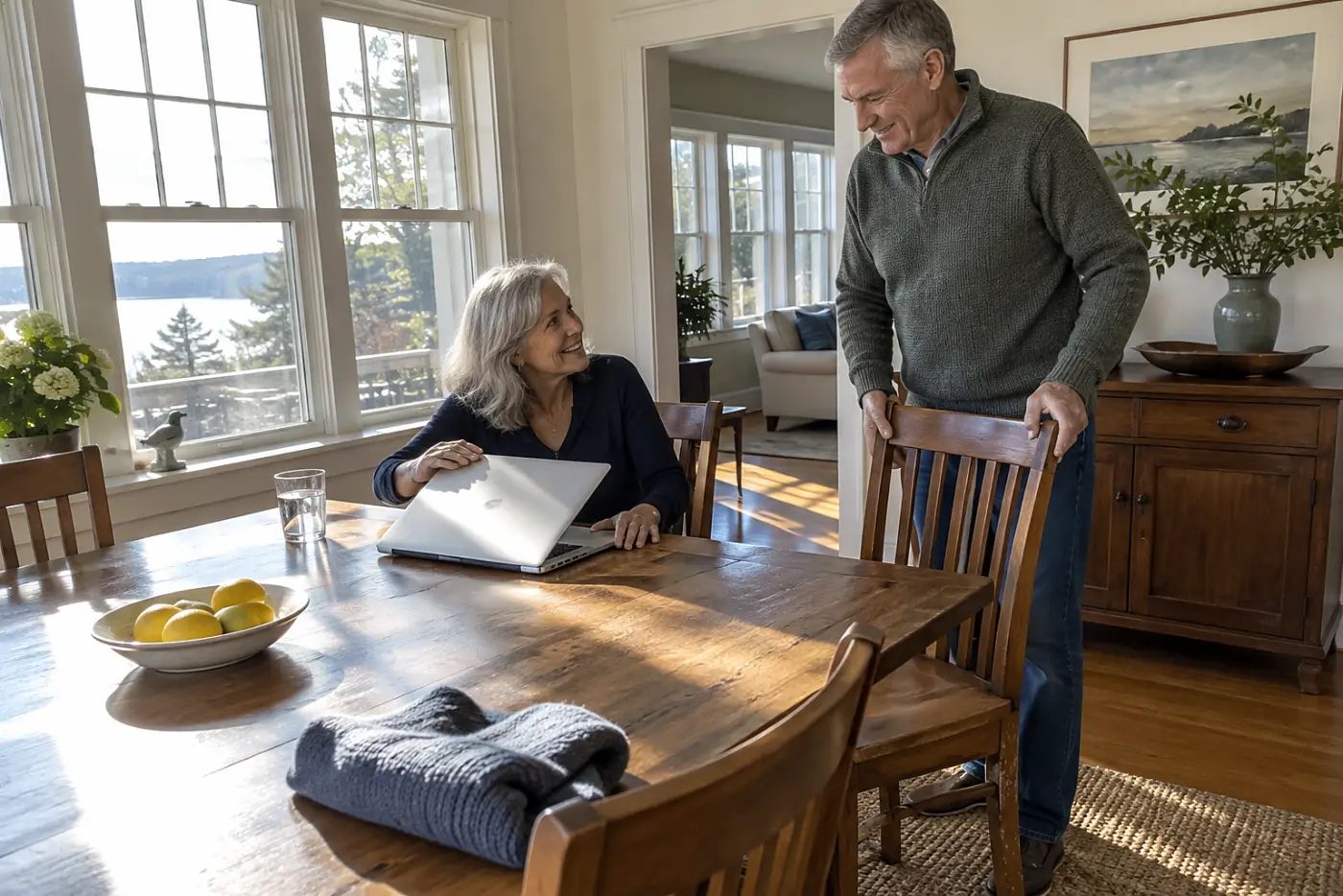Older woman comparing train times on a laptop at her dining table.