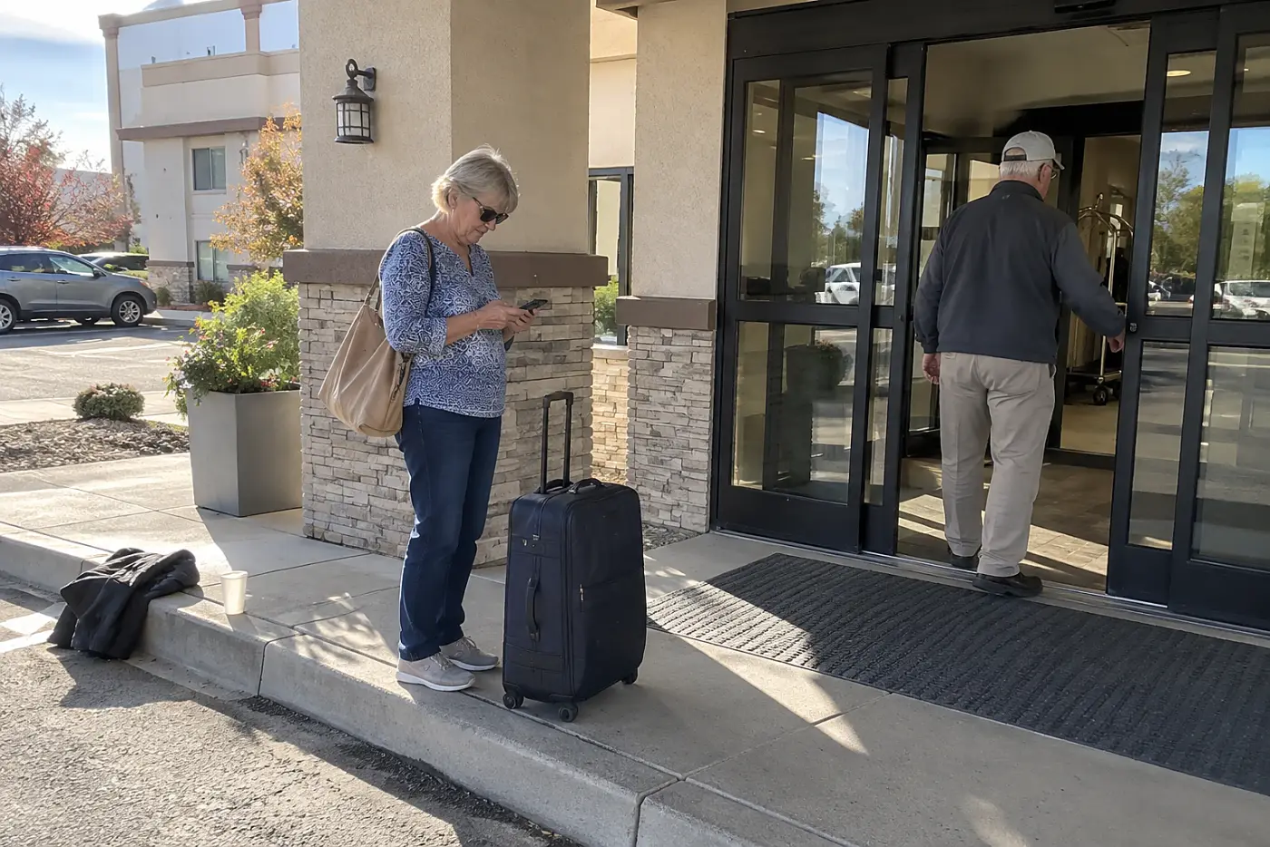 Older woman checking an arrival time on her phone at a motel entrance.