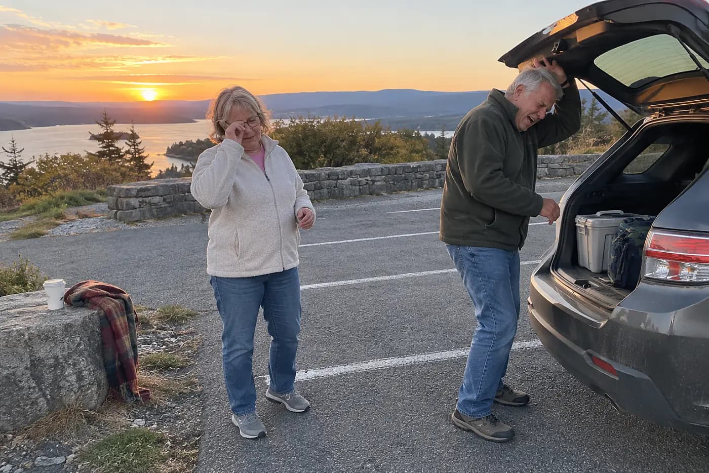 Older woman cleaning her glasses beside a parked car at dusk.