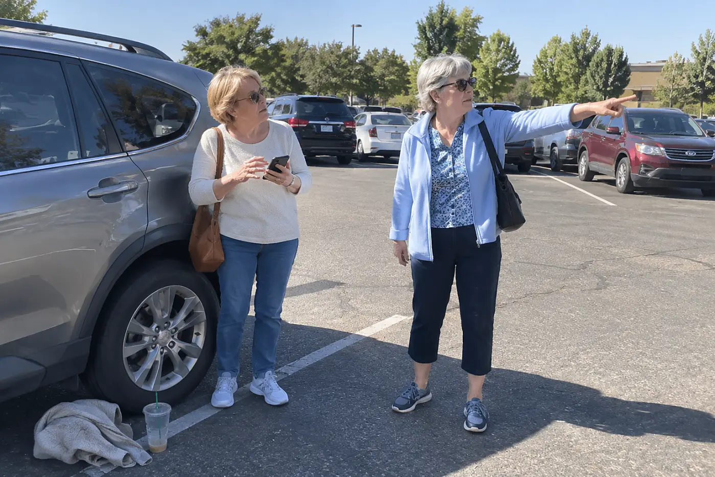 Older woman resetting a route on her phone in a parking lot.