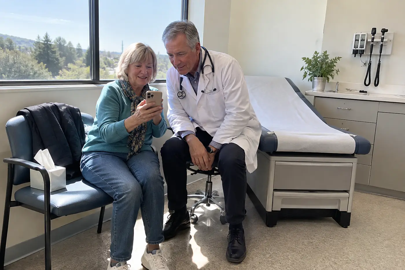 Older woman showing phone photos to a clinician in an exam room.
