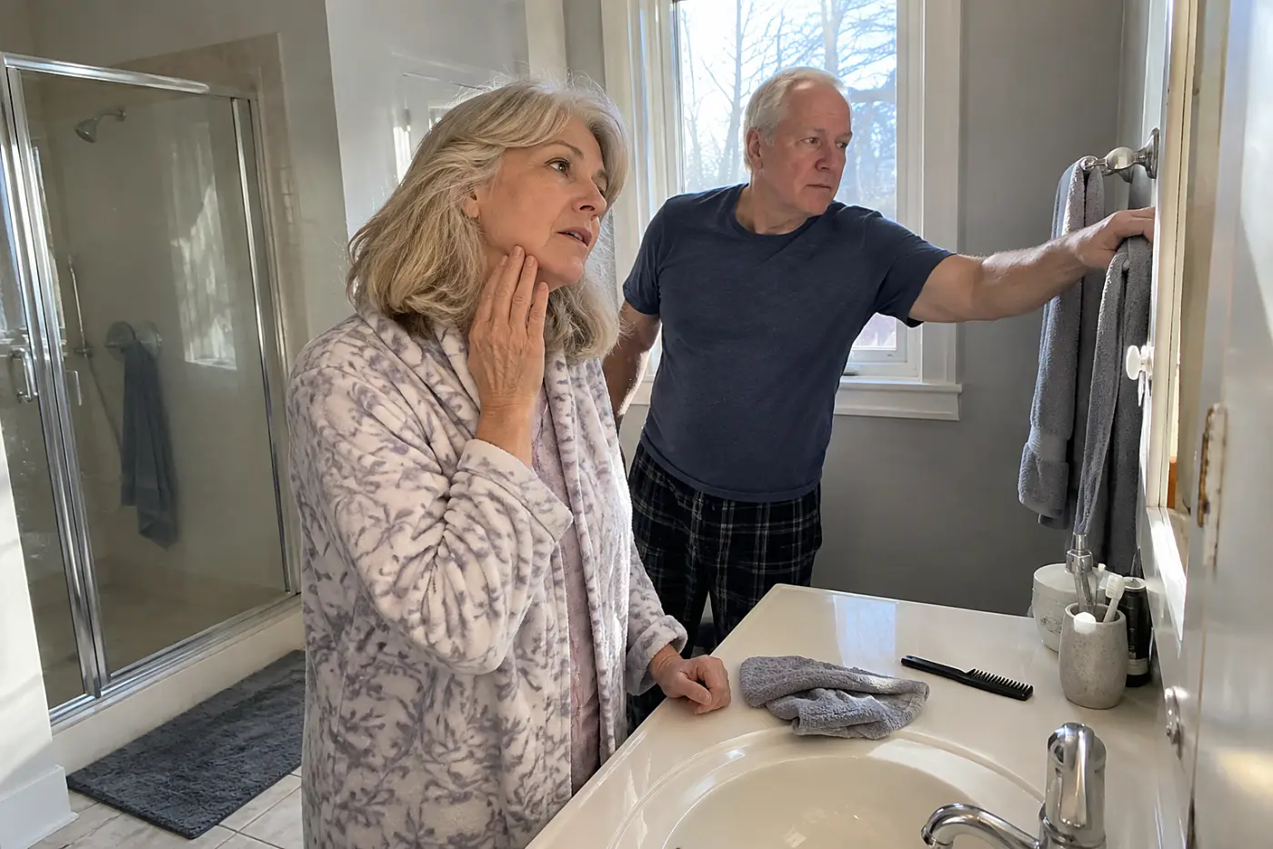Older woman examining a jawline bump in her bathroom mirror.