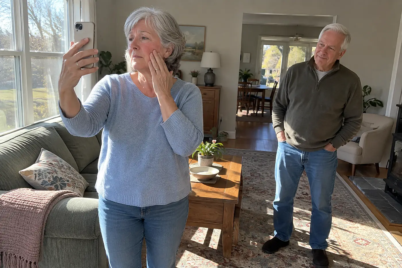 Older woman photographing her red cheek beside a living room window.