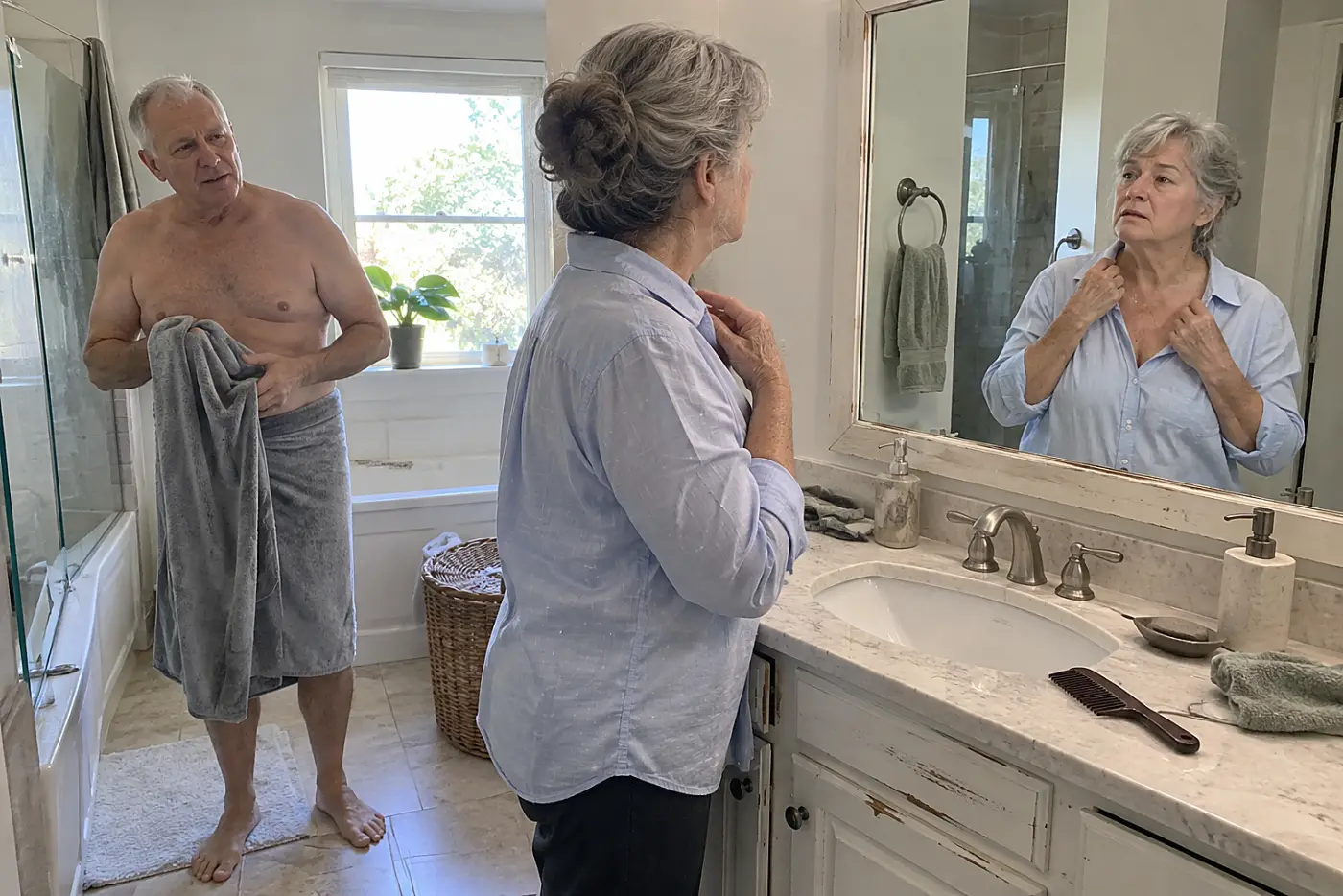 Older woman checking a chest mark in her bathroom mirror.
