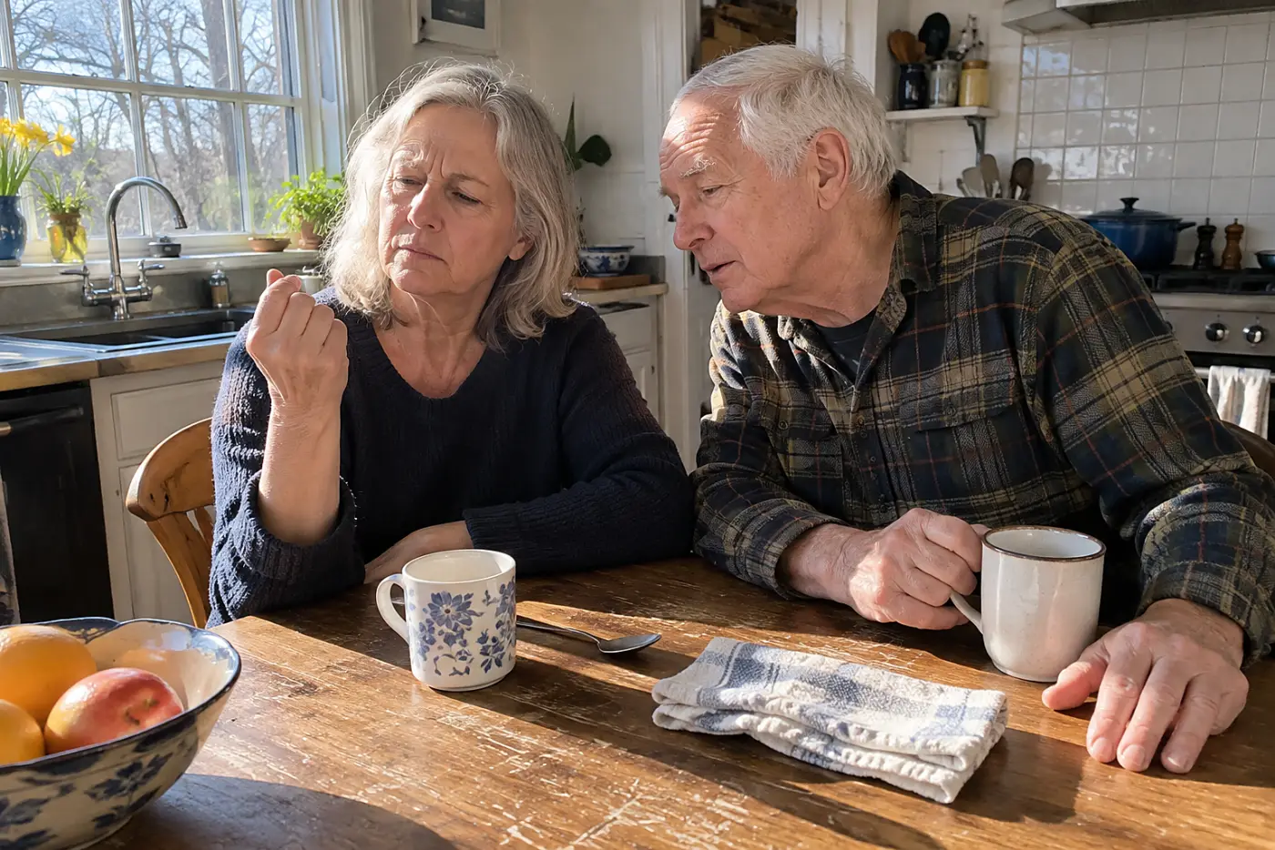 Older woman examining a bare fingernail at her kitchen table.