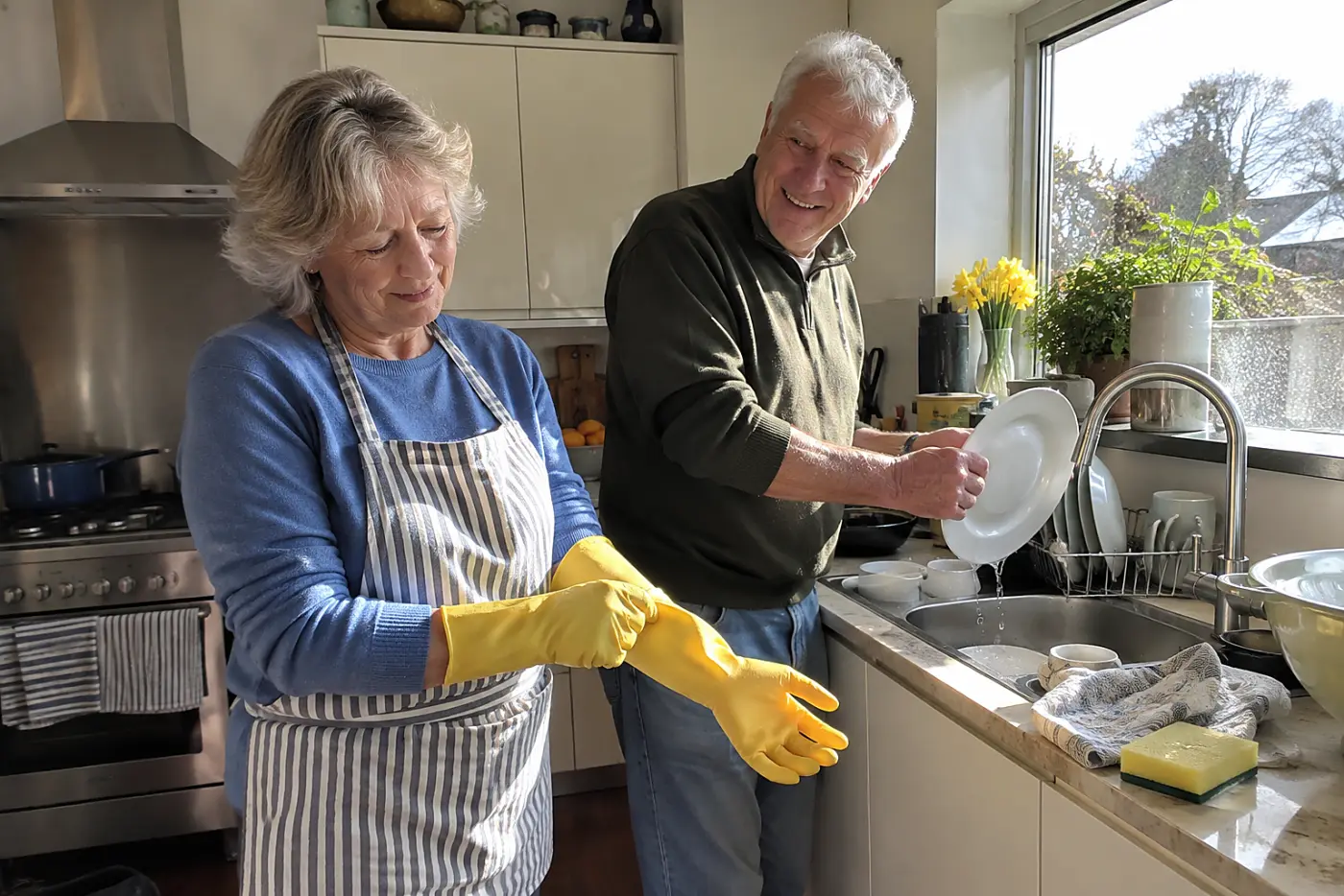 Older woman pulling on dishwashing gloves at her kitchen sink.
