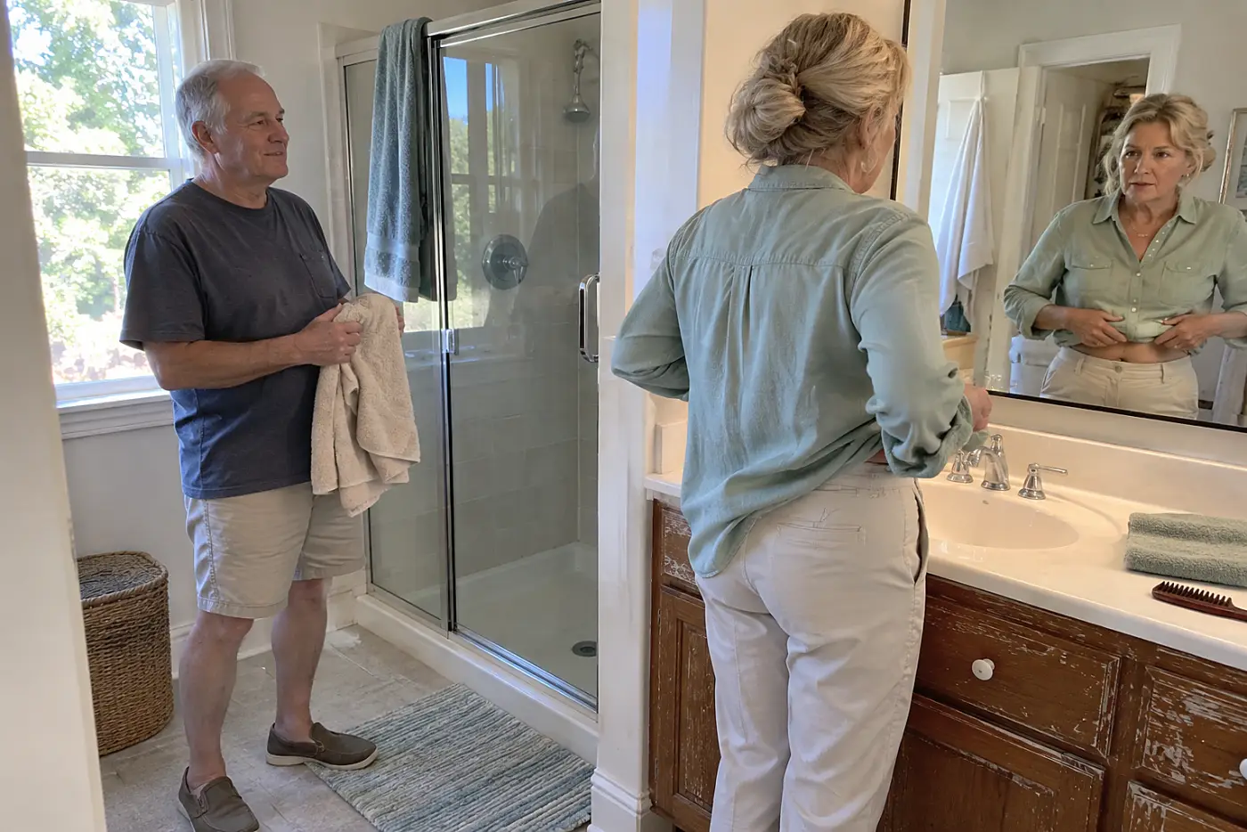 Older woman checking a waistband mark in her bathroom mirror.