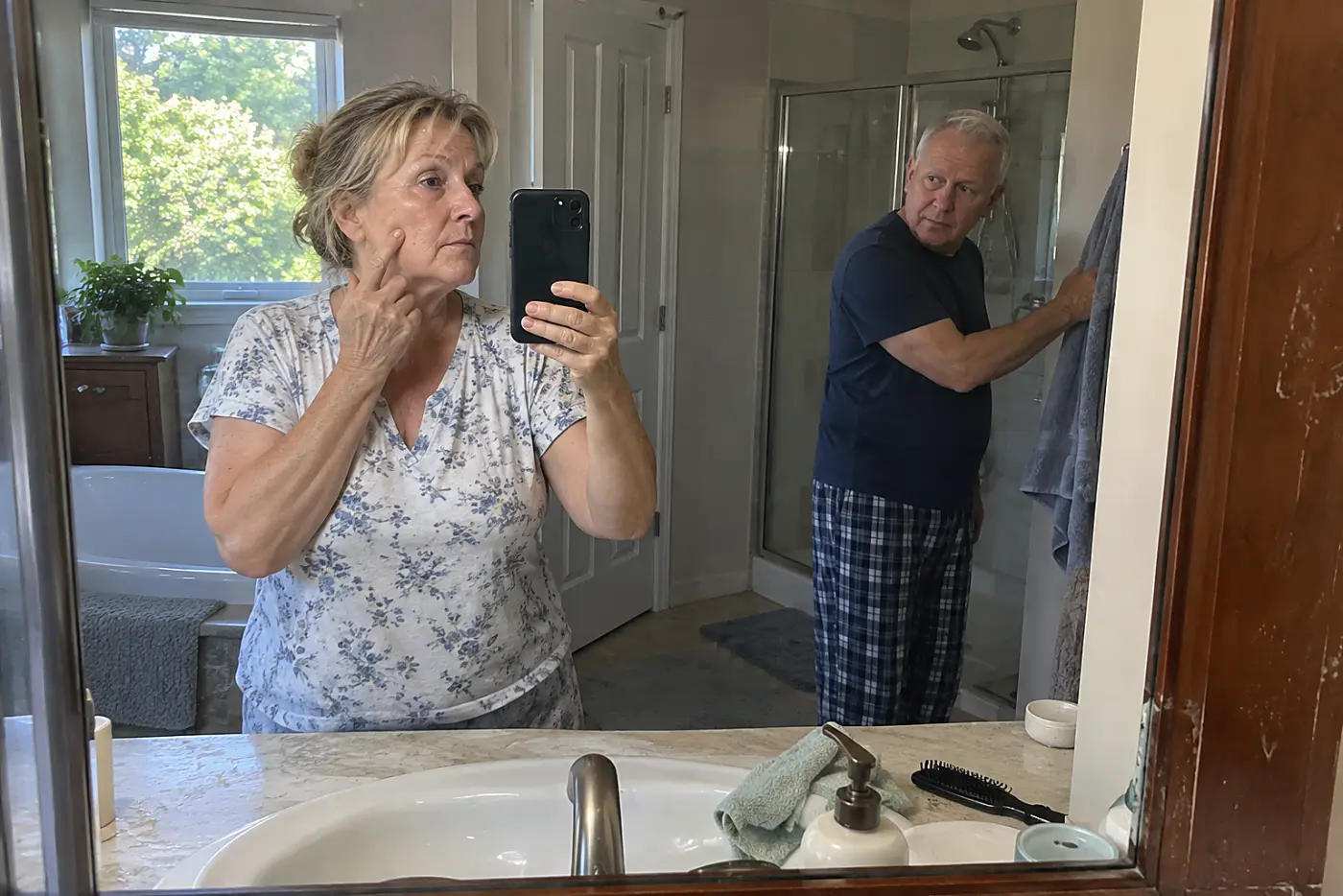 Older woman photographing a rough skin patch at her bathroom mirror.