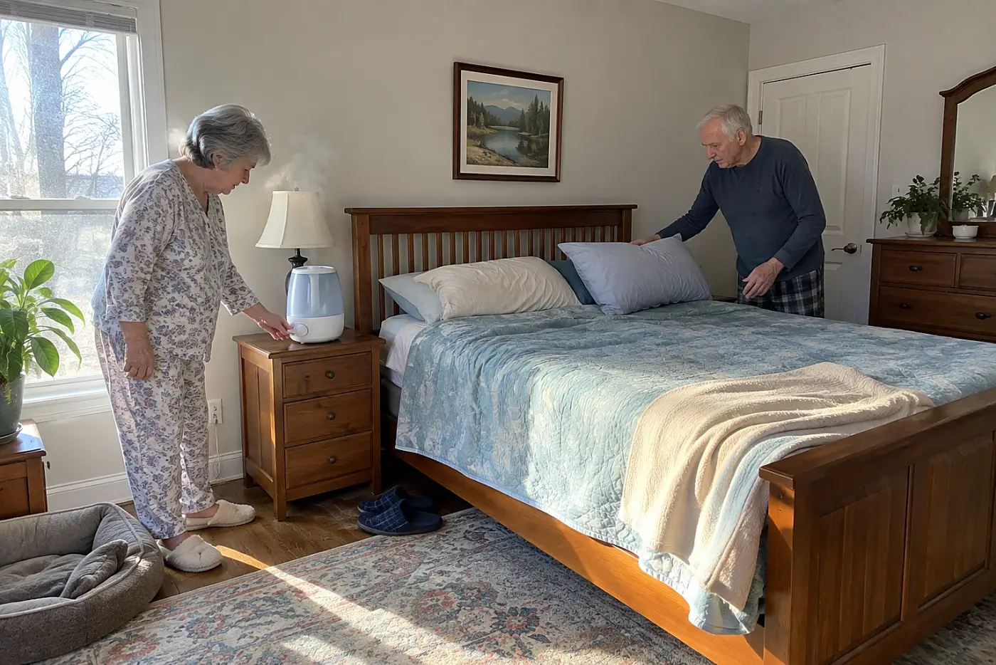 Older woman checking a bedroom humidifier beside her bed.