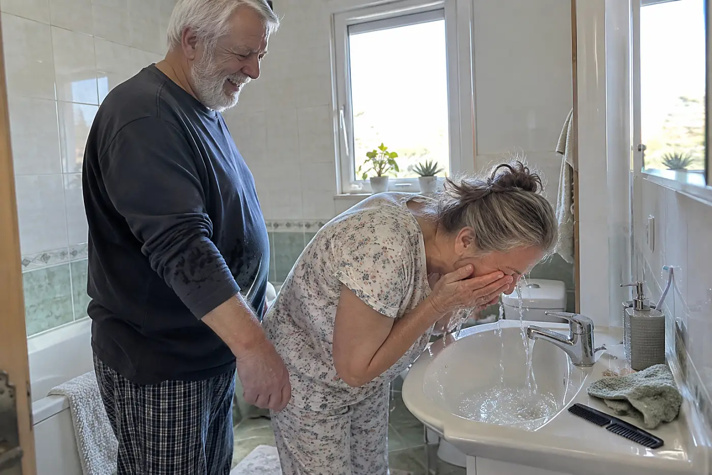 Older woman washing her face at a bathroom basin.