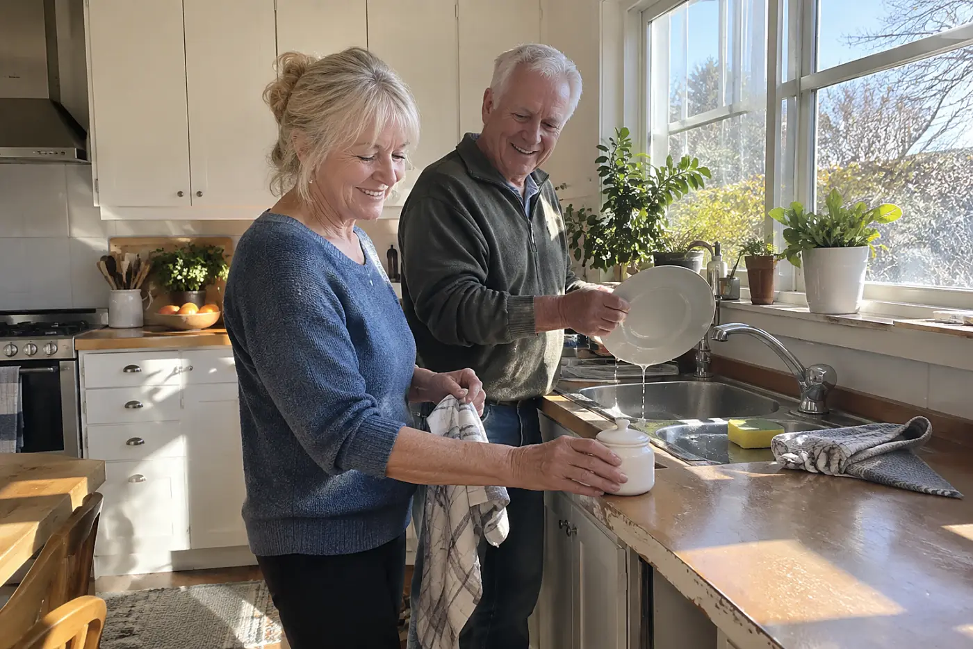 Older woman placing hand cream beside the kitchen sink.