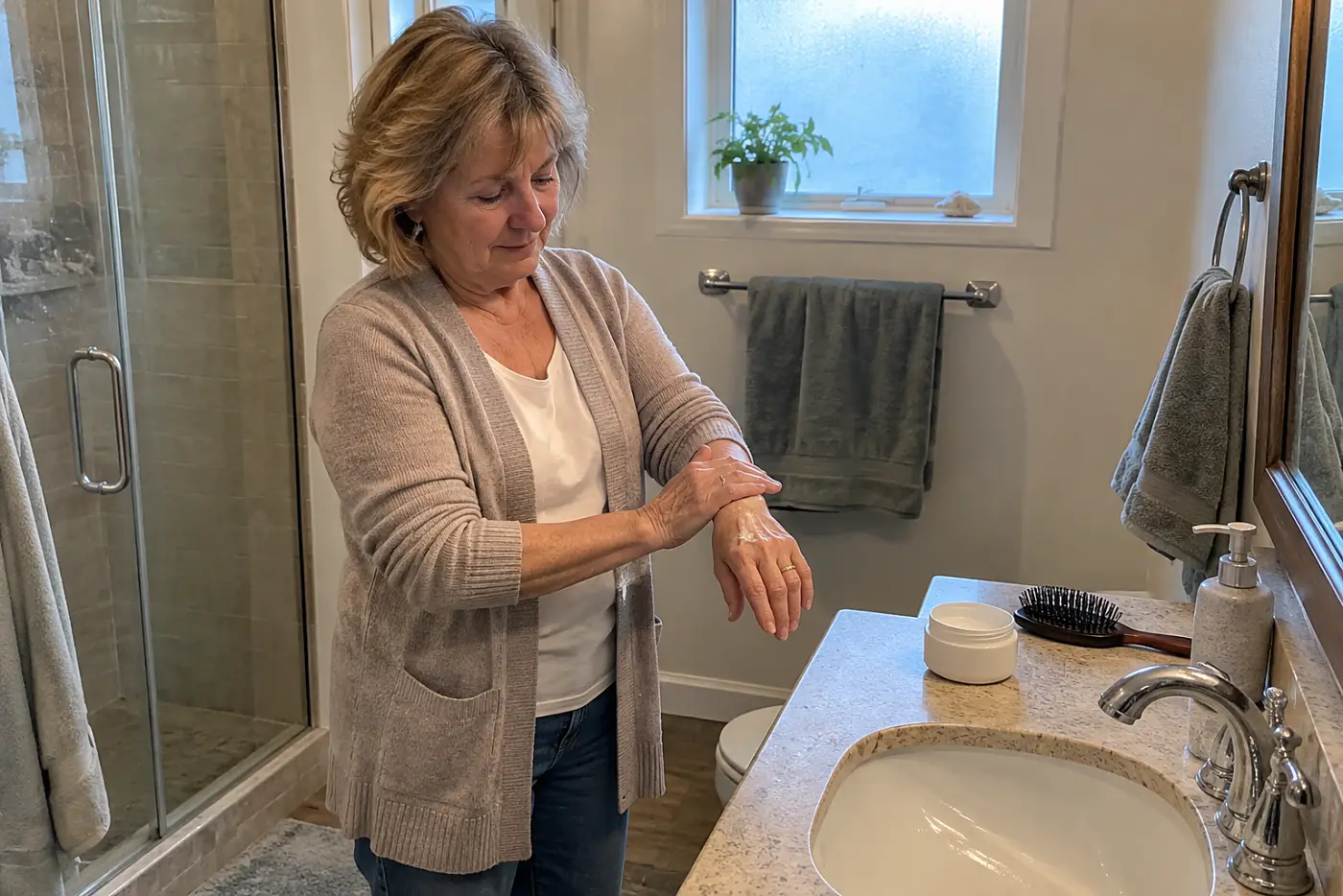 Older woman applying cream to her leg beside a bathroom towel rack.