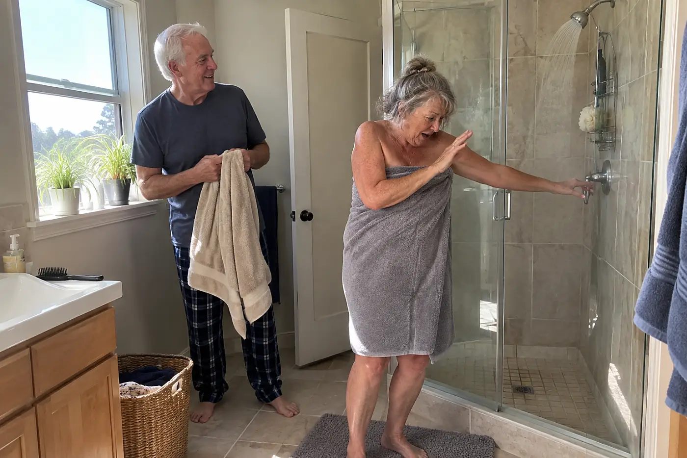 Older woman turning down the shower tap in her bathroom.
