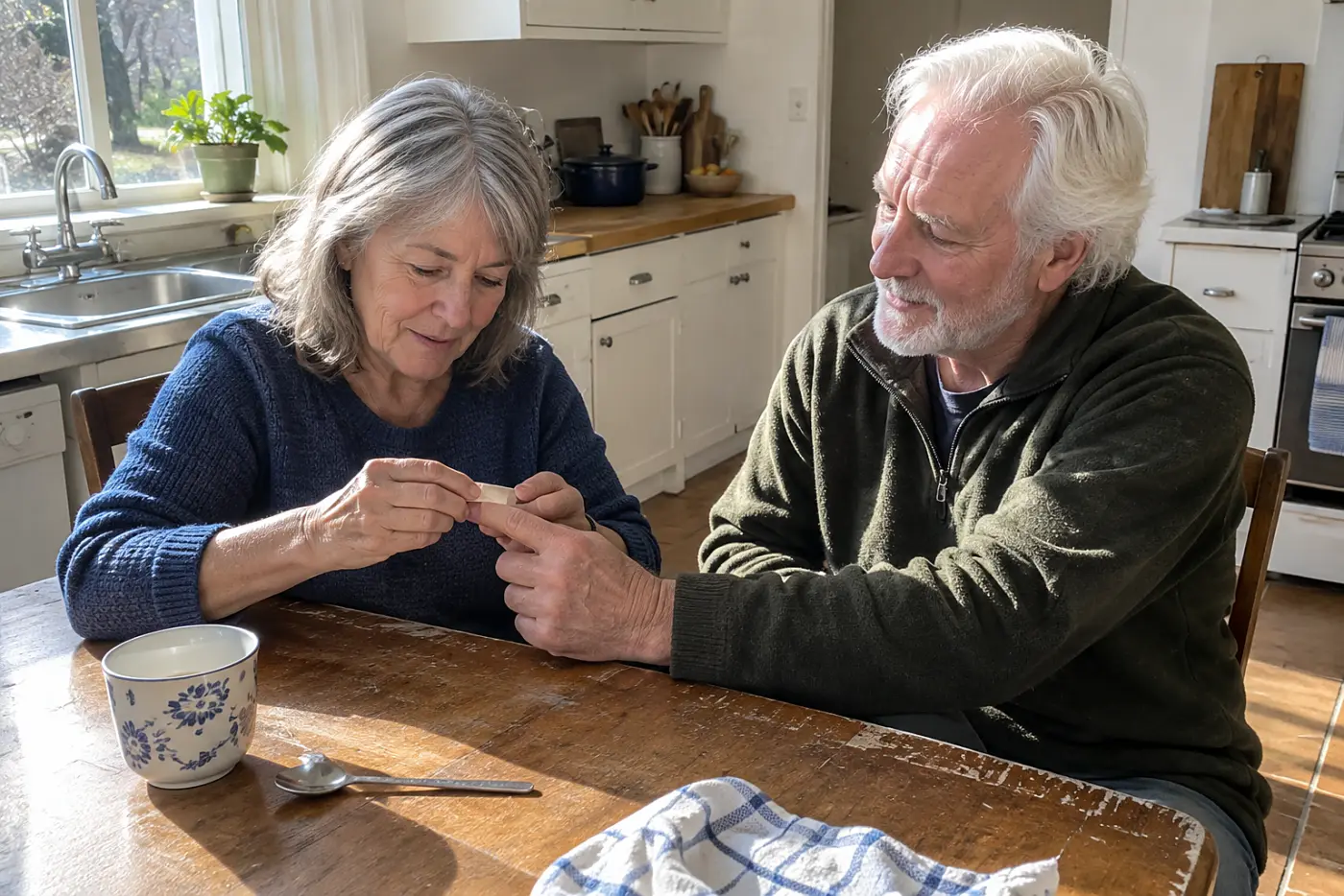Older woman covering a small cut with a bandage at her kitchen table.