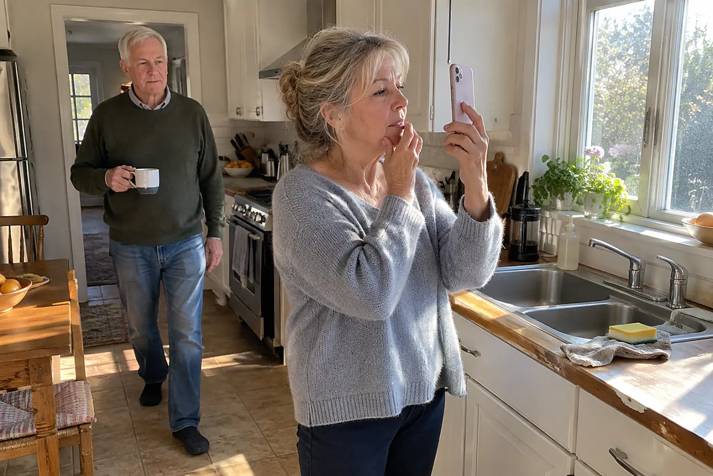 Older woman photographing the corner of her mouth in her kitchen.