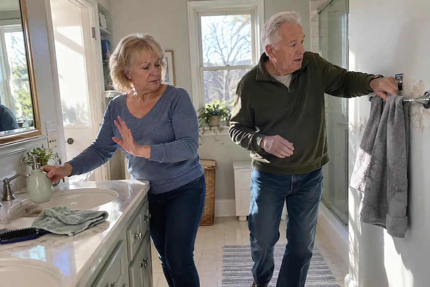 Older woman putting a scented wash bottle aside in her bathroom.