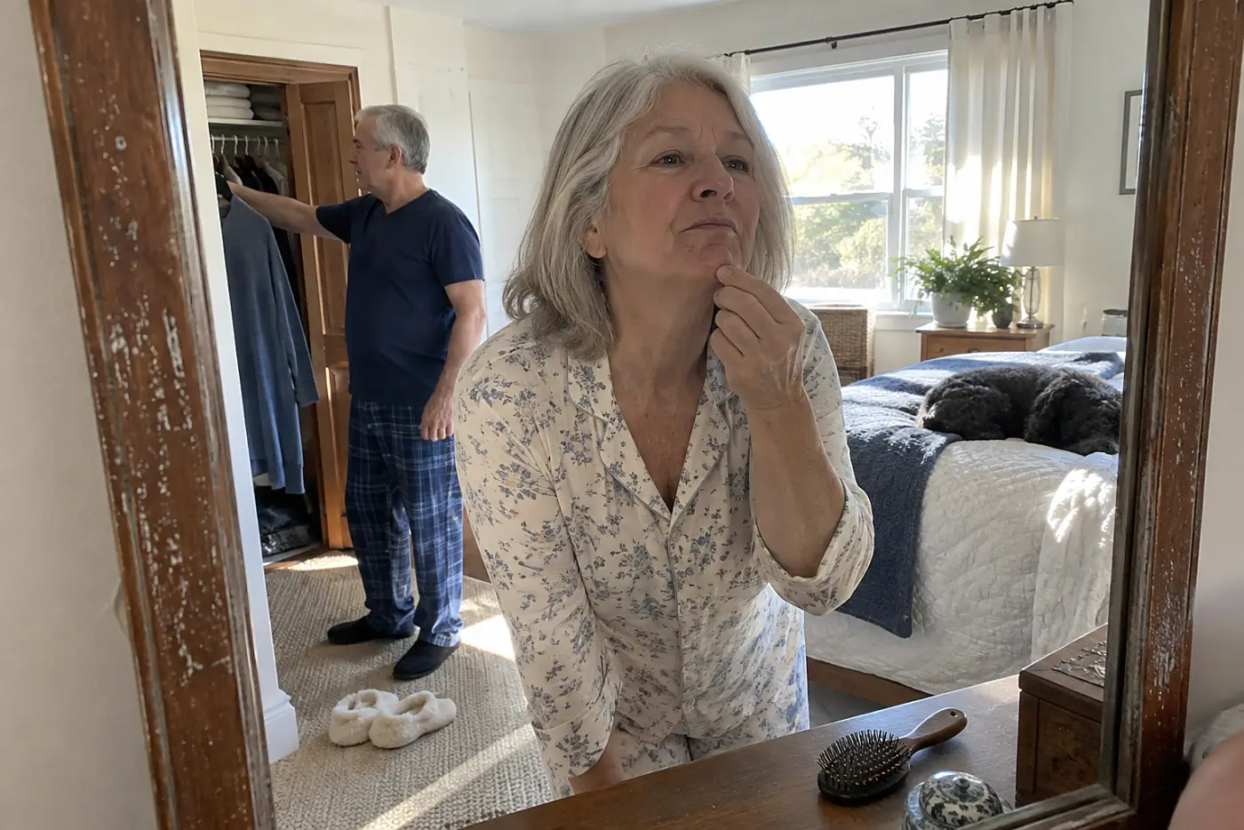 Older woman examining a chin hair in her bedroom mirror.