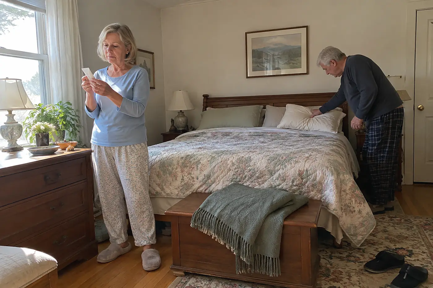 Older woman reading a retinoid label beside her bed.