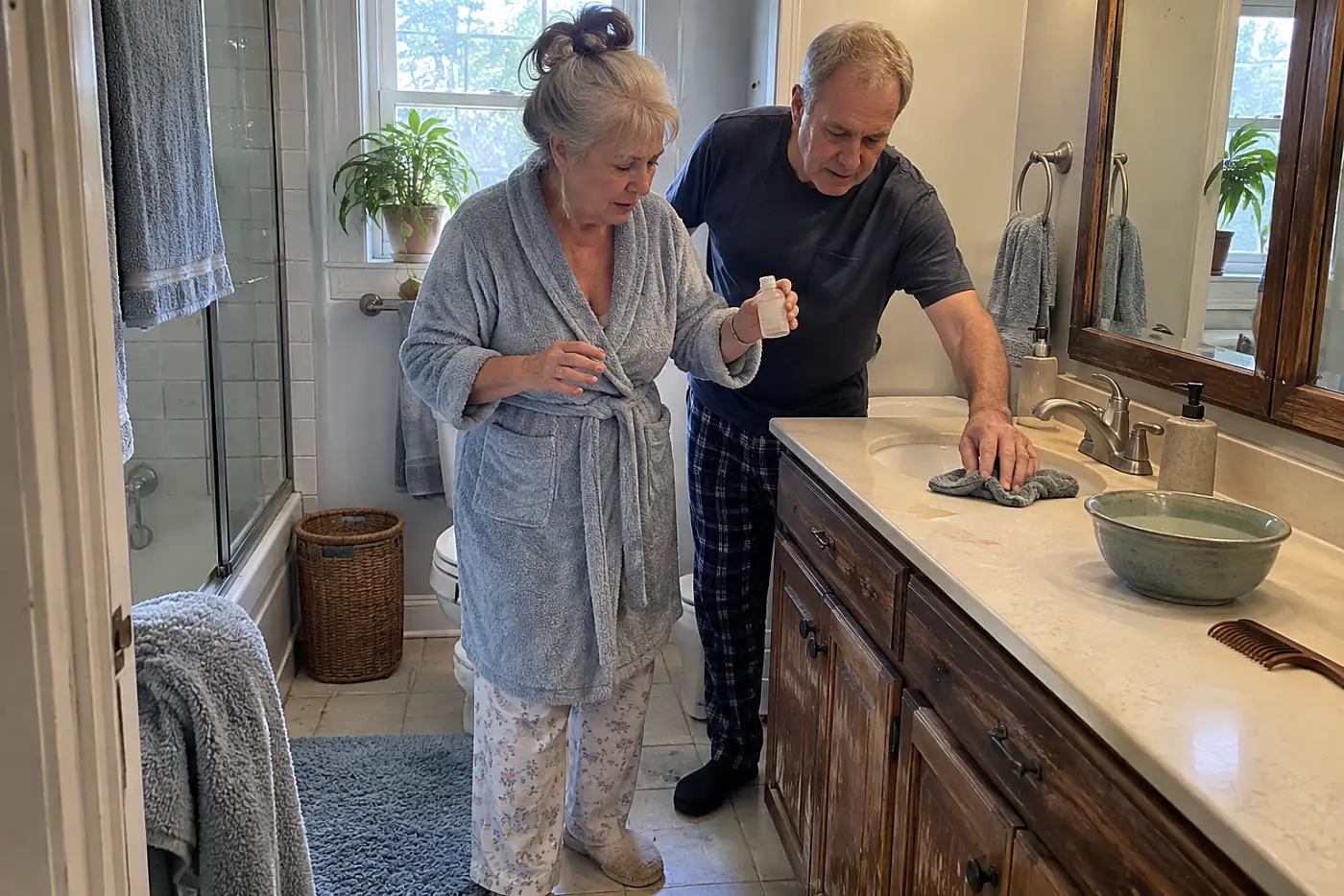 Older woman setting a serum bottle aside at her bathroom sink.