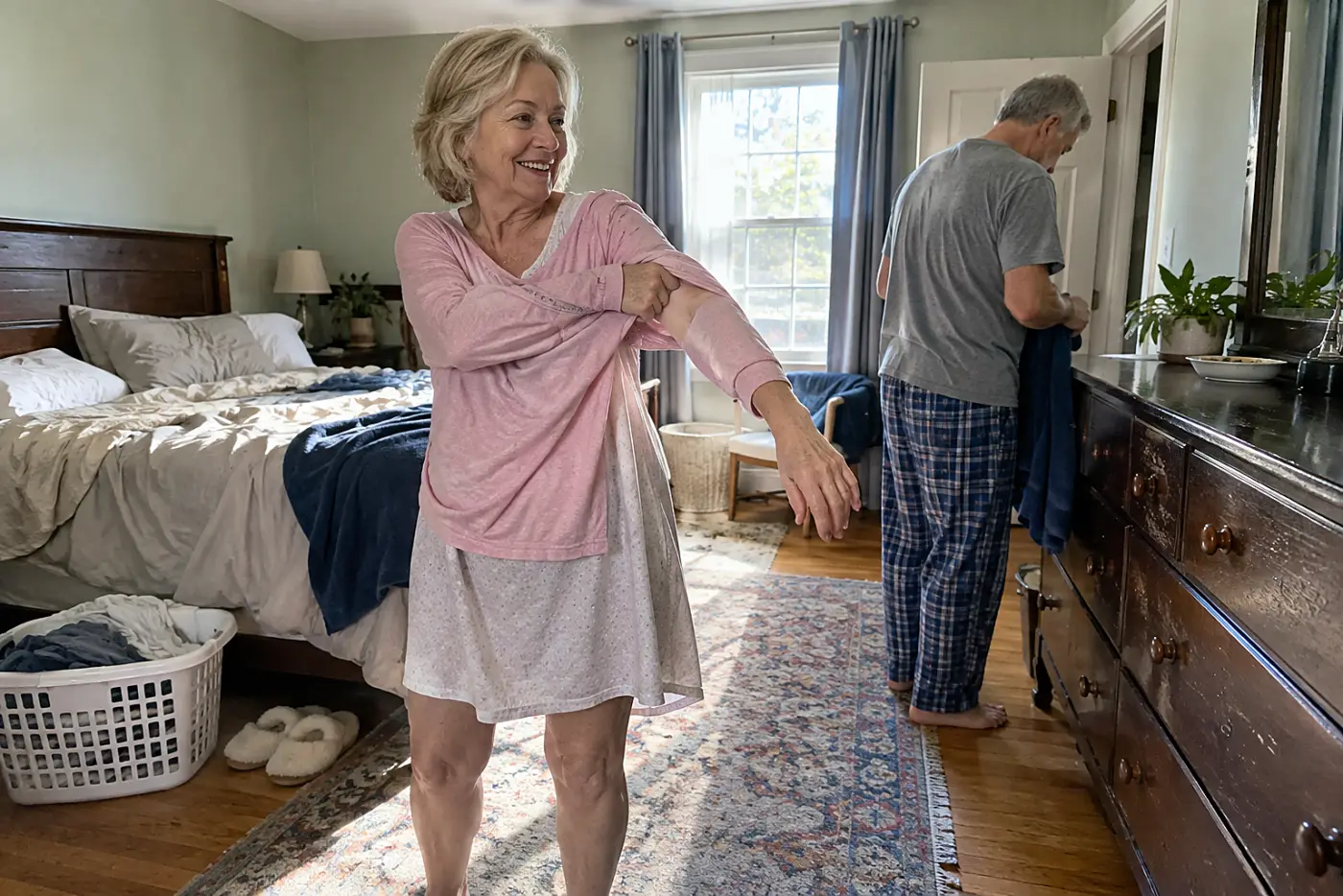 Older woman changing her damp sleep shirt in her bedroom at night.