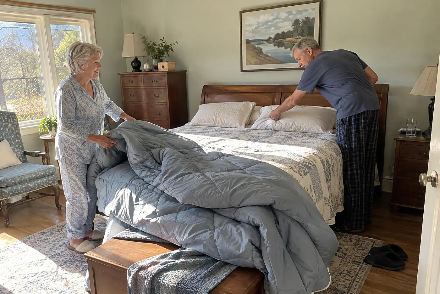 Older woman folding back a heavy comforter in her bedroom.