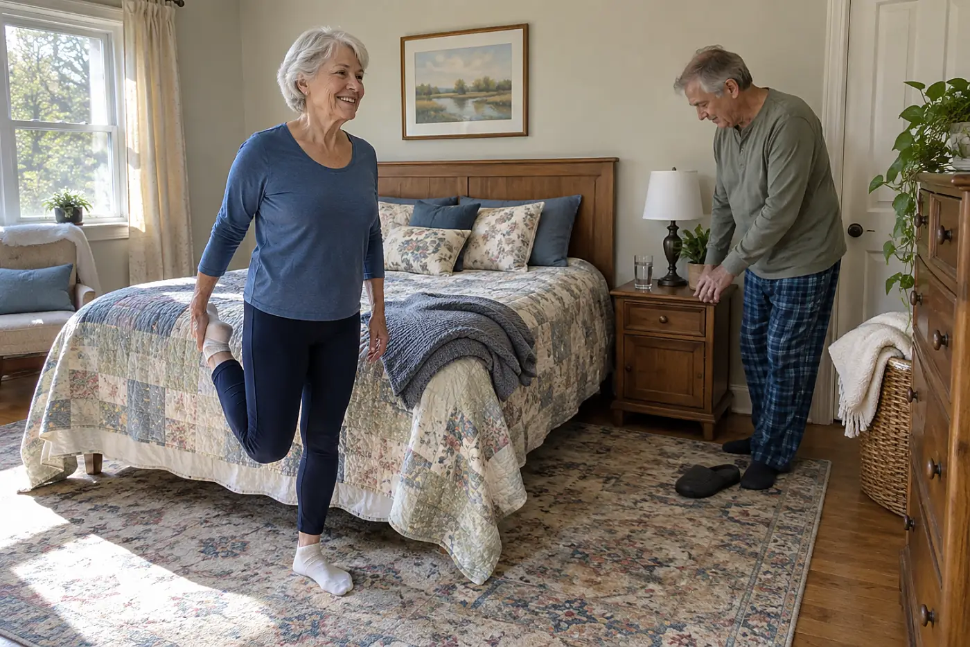 Older woman standing beside her bed and stretching her legs at night.