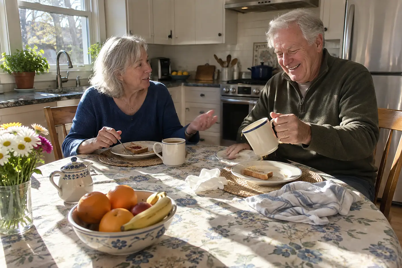 Older woman talking with her partner over breakfast at their kitchen table.